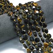 Natural Yellow Blue Tiger Eye Beads Strands, Faceted Hexagonal Cut, Flat Round, with Seed Beads, Mixed Dyed and Undyed, 10~10.5x6mm, Hole: 1.1mm, about 31~32pcs/strand, 15.35''~15.55''(39~39.5cm)(G-C116-A124-01)