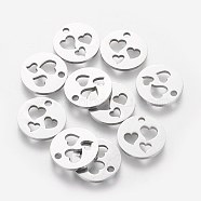 201 Stainless Steel Charms, Flat Round with Heart, Stainless Steel Color, 11.8x1mm, Hole: 1.5mm(STAS-Q201-T151)