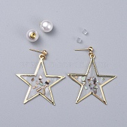 Epoxy Resin Dangle Earrings, with Acrylic Pearl Ear Nuts and Brass Earring Findings, Star, Clear, 46mm, Pin: 0.6mm(EJEW-JE03435)
