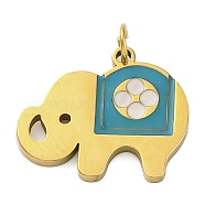 Ion Plating(IP) 304 Stainless Steel Enamel Pendants, with Jump Ring, Manual Polishing, Elephant Charm, Real 18K Gold Plated, Dark Turquoise, 13.5x15.5x1.5mm, Hole: 2.5mm(STAS-Z104-06G)