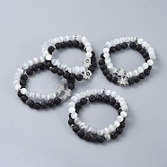 Stretch Bracelet Sets, with Cat Eye Round Beads, Natural Lava Rock Round Beads, Brass Cubic Zirconia Beads and 304 Stainless Steel Spacer Beads, with Burlap Paking, White & Black, 1-7/8 inch~2-1/4 inch(4.8~5.6cm), 2pcs/set(BJEW-JB04513)