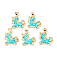 Rack Plating Brass Micro Pave Cubic Zirconia Pendants, Synthetic Opal Horse Charms with Snap on Bail, Cadmium Free & Lead Free, Long-Lasting Plated, Real 18K Gold Plated, Cyan, 17x16.5x2.2mm, Hole: 5x3.2mm(KK-C041-16G)