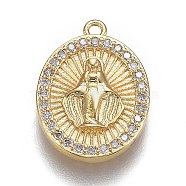 Brass Micro Pave Clear Cubic Zirconia Pendants, Long-Lasting Plated, Flat Oval with Virgin Mary, Real 18K Gold Plated, 18x13x2.2mm, Hole: 1.2mm(X-ZIRC-Z003-12G)