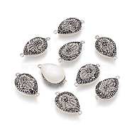 Cat Eye Links connectors, with Polymer Clay Rhinestone and Brass Findings, teardrop, with Hamsa Hand/Hand of Fatima/Hand of Miriam, Platinum, White, 33x18x8mm, Hole: 1.8mm(RB-F032-03)