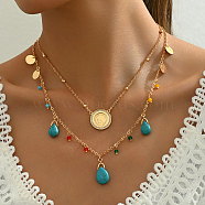 Natural Turquoise Teardrop Double Layer Necklaces, Brass Pave Crystal Rhinestone Gold Coin Pendant Necklaces for Women, Golden, 16.93 inch(43cm)(OR0077)