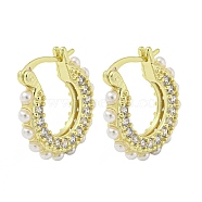 Rack Plating Brass Hoop Earrings, with Cubic Zirconia and Plastic Pearl, Cadmium Free & Lead Free, Real 18K Gold Plated, 21.5x4.5mm(EJEW-Z035-04G)