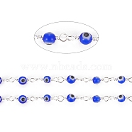 3.28 Feet Handmade Evil Eye Lampwork Round Beaded Chains, with Brass Findings, Unwelded, Long-Lasting Plated, Silver, Medium Blue, 12.5x2.8x4x1.5mm, Beads: 4mm(X-CHC-G009-A-S05)