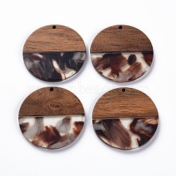 Transparent Resin & Walnut Wood Pendants, Two Tone, Flat Round, Sienna, 38.5x3mm, Hole: 2mm(X-RESI-T035-35E)