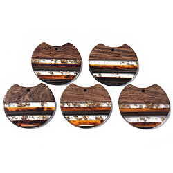 Transparent Resin & Walnut Wood Pendants, with Gold Foil, Gap Flat Round, Dark Orange, 34x37x3mm, Hole: 1.8mm(RESI-N025-014A-A01)