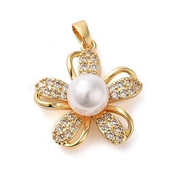 Brass Micro Pave Clear Cubic Zirconia with Plastic Pearl Pendants, Flower Charms, Real 18K Gold Plated, 22x20.5x10mm, Hole: 2.5x4mm(KK-G483-07G)