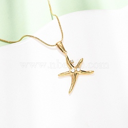 304 Stainless Steel Crystal Rhinestone Pendant Necklaces for Women, with White Imitation Pearl, Starfish, 17.40 inch(44.2cm)(NJEW-F378-01G-02)