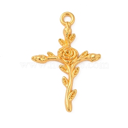 Tibetan Style Alloy Pendants, Cross with Rose Charm, Golden, 34.5x23x3mm, Hole: 2.5mm(X1-FIND-WH0110-429G)