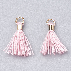 Polycotton(Polyester Cotton) Tassel Pendant Decorations, Mini Tassel, with Brass Findings, Light Gold, Pearl Pink, 10~15x3~4mm, Hole: 2mm(FIND-S275-27G)