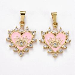 Brass Clear Cubic Zirconia Pendants, with Enamel, Long-Lasting Plated, Real 18K Gold Plated, Heart and Eye, Pink, 23x19x3mm, Hole: 2.5x6mm(ZIRC-J025-67G-01)