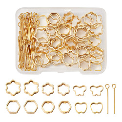 48Pcs 6 Style Brass Bead Frame, with 50Pcs 304 Stainless Steel Eye Pin, Hexagon & Flower & Butterfly, Golden, Bead Frame: 8.5~10.5x9~12x2~3mm, Hole: 0.8~1.2mm, 48pcs; Eye Pin: 25mm, Hole: 2mm, Pin: 0.7mm, 98pcs/box(KK-SW0001-06)