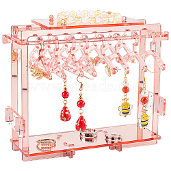 Mirror Acrylic Earring Display Stands, Clothes Hanger Shaped Earring Organizer Holder with 16Pcs 2 Styles Mini Hangers, Pink, 18x6x15cm(EDIS-WH0015-16)