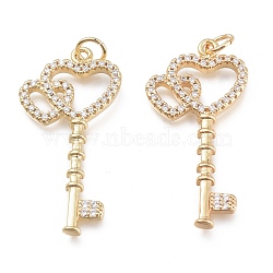 Brass Micro Pave Clear Cubic Zirconia Pendants, with Jump Ring, Heart Key, Real 18K Gold Plated, 32.5x16x2.5mm, Hole: 3mm, Jump Ring:5x0.8(KK-O127-03G)