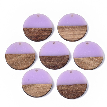 Resin & Wood Pendants, Flat Round, Violet, 28.5x3.5~4mm, Hole: 1.5mm