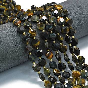 Natural Yellow Blue Tiger Eye Beads Strands, Faceted Hexagonal Cut, Flat Round, with Seed Beads, Mixed Dyed and Undyed, 10~10.5x6mm, Hole: 1.1mm, about 31~32pcs/strand, 15.35''~15.55''(39~39.5cm)