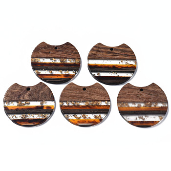 Transparent Resin & Walnut Wood Pendants, with Gold Foil, Gap Flat Round, Dark Orange, 34x37x3mm, Hole: 1.8mm