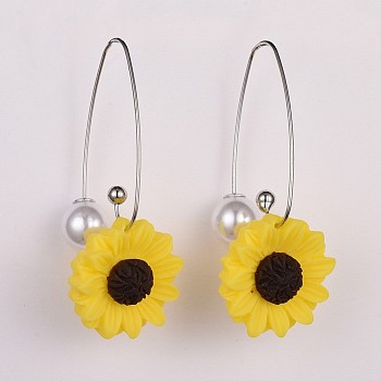 Resin Dangle Earrings, with Brass Earring Hooks and Plastic Imitation Pearl Ear Nuts, Sunflower, Yellow, 56~59mm, Pin: 0.8mm