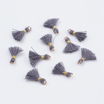 Nylon Tassels Pendant Decorations, Mini Tassel, with Golden Tone Iron Findings, Gray, 10.5~14.5x2.5~3mm, Hole: 2mm