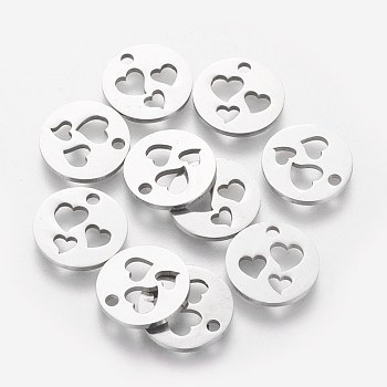 201 Stainless Steel Charms, Flat Round with Heart, Stainless Steel Color, 11.8x1mm, Hole: 1.5mm