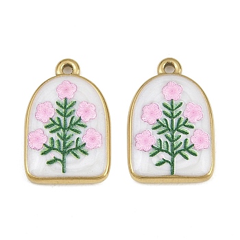 Printed 304 Stainless Steel Enamel Pendants, Arch with Flower Charms, Ion Plating(IP), Real 18K Gold Plated, Flower, 23x15x3.5mm, Hole: 1.6mm