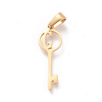 304 Stainless Steel Initial Pendants, Large Hole Pendants, Key with Letter, Golden, Letter.G, 25x8.5x1mm, Hole: 6x2.5mm