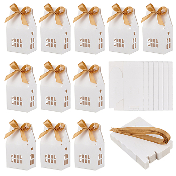 Hollow House Shaped Cardboard Paper Candy Boxes, Candy Gift Case with Polyester Ribbon, White, 7.2x5.2x12.5cm