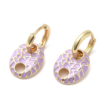 Oval Real 18K Gold Plated Brass Dangle Hoop Earrings, with Enamel, Lilac, 21.5x11.5mm