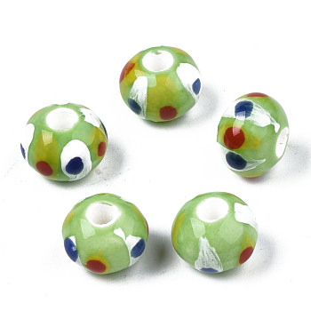 Handmade Porcelain European Beads, Large Hole Beads, No Metal Core, Rondelle, Light Green, 12.5x9.5mm, Hole: 4mm