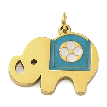 Ion Plating(IP) 304 Stainless Steel Enamel Pendants, with Jump Ring, Manual Polishing, Elephant Charm, Real 18K Gold Plated, Dark Turquoise, 13.5x15.5x1.5mm, Hole: 2.5mm