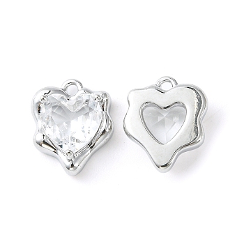 Brass Micro Pave Cubic Zirconia Charms, Heart Charm, Real Platinum Plated, Clear, 13x11x4.5mm, Hole: 1.2mm