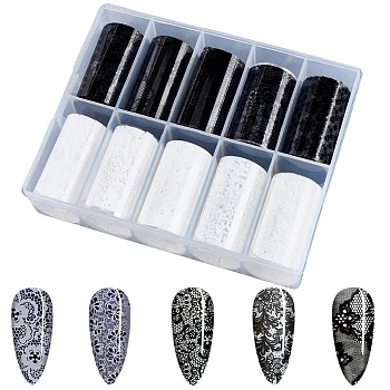 10 Rolls PET Lace Flower Nail Foils Floral Transfer Paper, Nail Art Decals Stickers, Mixed Color, 1017x40x0.1mm