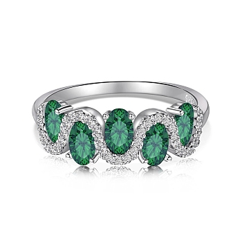 Anti-Tarnish Rhodium Plated 925 Sterling Silver Wave Finger Rings, Oval Cubic Zirconia Ring for Women Men, Medium Sea Green, 6.5mm, Inner Diameter: US Size 6 3/4(17.1mm)