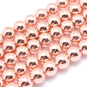 Electroplate Non-magnetic Synthetic Hematite Beads Strands, Grade AAA, Long-Lasting Plated, Round, Rose Gold Plated, 10mm, Hole: 1.2mm, about 42pcs/strand, 15.7 inch(40cm)
