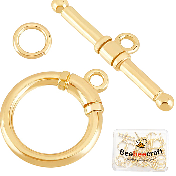 Brass Toggle Clasps, with Jump Rings, Nickel Free, Ring, Real 18K Gold Plated, Ring: 17x14x2.5mm, Hole: 1.6mm, Bar: 22.5x2.5mm, Hole: 1.6mm, Jump Ring: 5x0.8mm, 15pcs