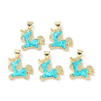 Rack Plating Brass Micro Pave Cubic Zirconia Pendants, Synthetic Opal Horse Charms with Snap on Bail, Cadmium Free & Lead Free, Long-Lasting Plated, Real 18K Gold Plated, Cyan, 17x16.5x2.2mm, Hole: 5x3.2mm