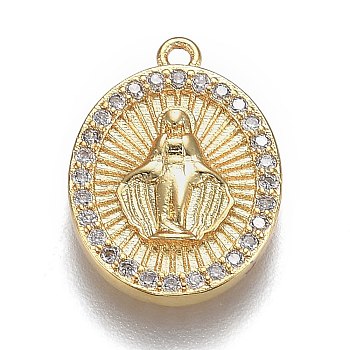 Brass Micro Pave Clear Cubic Zirconia Pendants, Long-Lasting Plated, Flat Oval with Virgin Mary, Real 18K Gold Plated, 18x13x2.2mm, Hole: 1.2mm