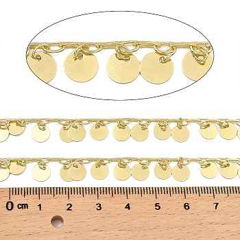 Rack Plating Brass Chains, with Flat Round Charms, Long-Lasting Plated, Soldered, with Spool, Light Gold, 6x0.2mm, about 32.81 Feet(10m)/Roll