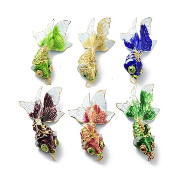 Brass Cloisonne Pendants, Gold Fish Charms with Jump Rings, Golden, Mixed Color, 90~93x42~48x25~28mm, Hole: 6.5mm