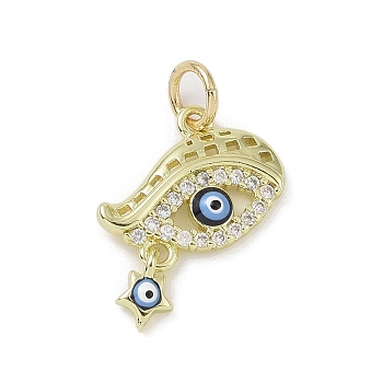 Real 18K Gold Plated Brass Micro Pave Cubic Zirconia Pendants, with Enamel and Jump Ring, Evil Eye Charms, Colorful, 16x13.5x2.5mm, Hole: 3.4mm