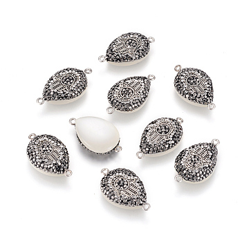 Cat Eye Links connectors, with Polymer Clay Rhinestone and Brass Findings, teardrop, with Hamsa Hand/Hand of Fatima/Hand of Miriam, Platinum, White, 33x18x8mm, Hole: 1.8mm