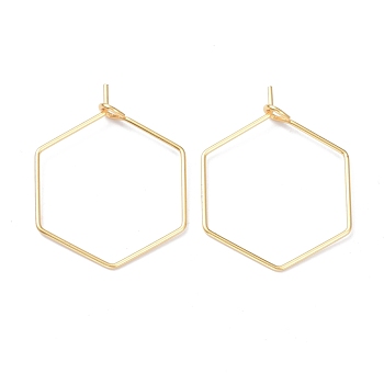 316 Stainless Steel Hoop Earring Findings, Wine Glass Charms Findings, Hexagon, Real 18K Gold Plated, 26x19.5x0.6mm, Hole: 2mm