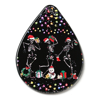 Christmas Theme Acrylic Pendants, Teardrop, Skull, 47.5x35x2.5mm, Hole: 1.8mm