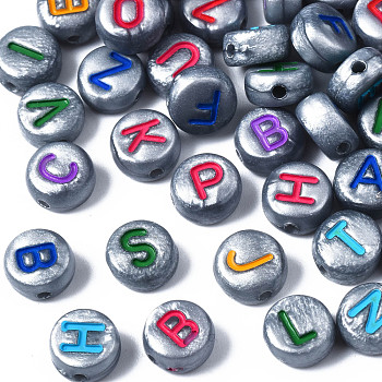 Opaque Gray Acrylic Beads, Horizontal Hole, Flat Round with Mixed Letters, Mixed Color, 7x4mm, Hole: 1.2mm, about 3600pcs/500g
