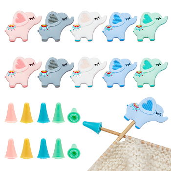 Elephant Silicone Knitting Needle Stoppers, Knitting Needle Point Protectors, for Knitting Needles Crocheting Projects, Mixed Color, Silicone Beads: 33x39x8.5mm, Hole: 2mm, 10pcs; Protectors: 19x12mm, hole: 2.5mm, 30pcs