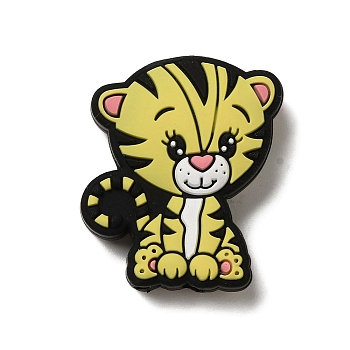 Cartoon Animal Silicone Beads, Yellow, Tiger, 30x26x9mm, Hole: 2mm