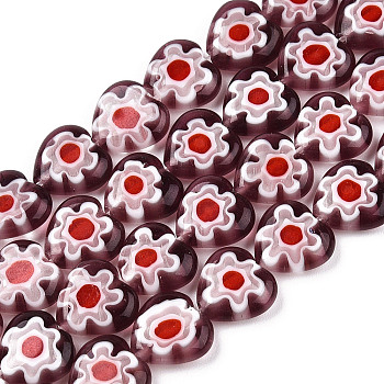 Handmade Millefiori Lampwork Beads Strands, Heart, Rosy Brown, 10x10x4mm, Hole: 0.8mm, about 42pcs/strand, 15.1 inch